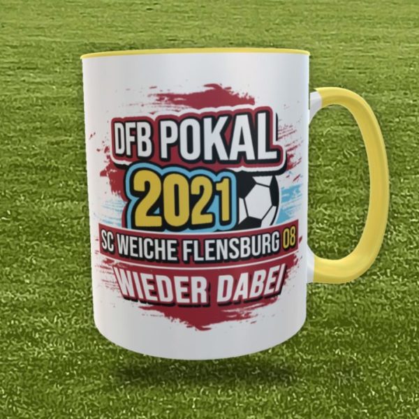 Zweifarbiger Keramikbecher (gelb-weiss) ‚DFB Pokal – SC Weiche Flensburg 08 – wieder dabei‘