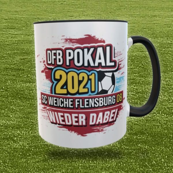 Zweifarbiger Keramikbecher (schwarz-weiss) ‚DFB Pokal – SC Weiche Flensburg 08 – wieder dabei‘